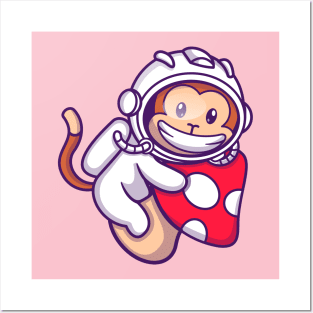 Cute Astronaut Monkey Floating With Mushroom Cartoon Posters and Art